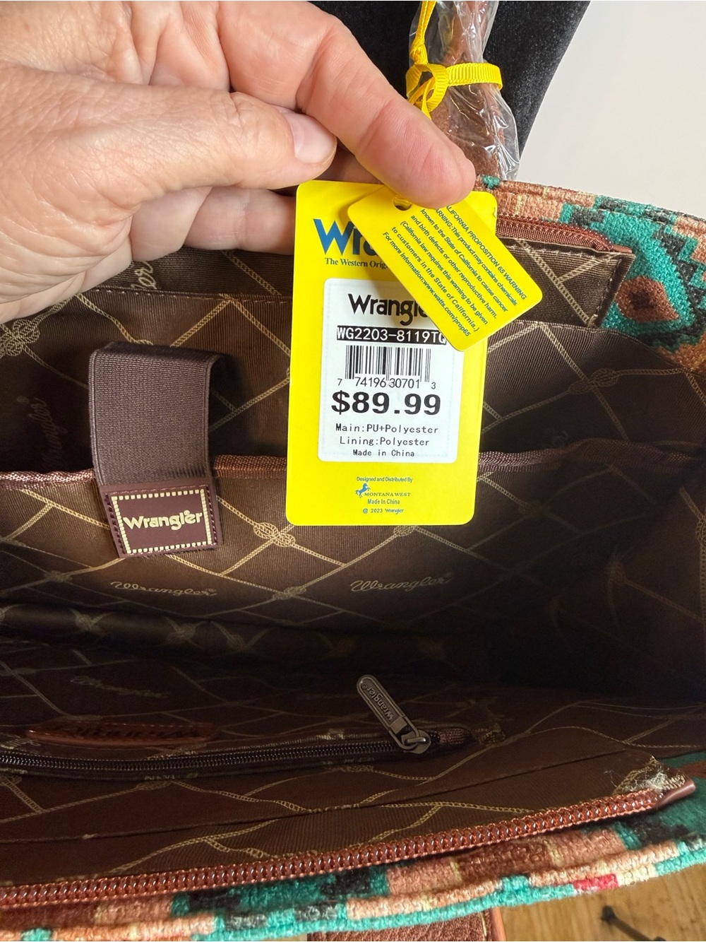 NWT Wrangler Aztec Western Canvas Tote Bag Turquoise Brown Southwestern Purse - Picture 8 of 9